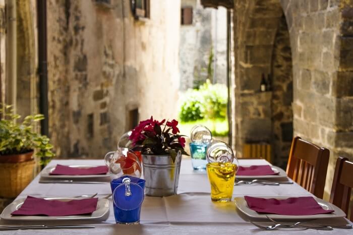 Dining table in stone restaurant