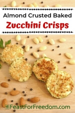 Pinterest mini image - Almond crusted zucchini side dish on wood platter with parsley, whole almonds and peppercorns