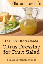 Pinterest mini image - Jar of homemade fruit salad dressing beside a plate of fruit