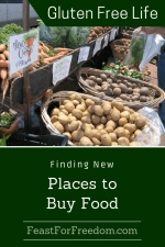 Pinterest mini image - Finding new places to buy food with a stall at a farmer's market displaying potatoes and other fresh produce