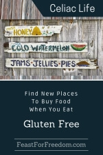 Pinterest mini image - Find new places to buy food when you eat gluten free with a grey barn wall with rustic for sale signs for honey, cold watermelon and jams, jellies and pies