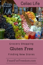 Pinterest mini image - Grocery shopping gluten free, finding new stores with a market stall showing a wide variety of fresh fruit