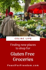 Pinterest mini image - Finding new places to shop for Gluten Free Groceries, showing a lovely farmers market with fresh vegetables and shoppers