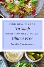 Pinterest mini image - Find new places to shop when you need to eat gluten free with a plate of food and some pickles