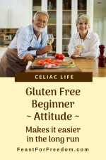 Pinterest mini image - Gluten free beginner, attitude, makes it easier in the long run, with a couple cooking dinner and enjoying a glass of wine