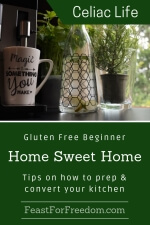 Pinterest mini image - Gluten free beginner home sweet home, tips on how to prep and convert your kitchen with a coffee maker with a cup, a jug of lemon water, and a potted herb next to a window