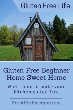 Pinterest mini image - Gluten free beginner home sweet home, what to do to make your kitchen gluten free with a little house and yard against a blue sky