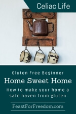 Pinterest mini image - Gluten free beginner home sweet home, how to make your home a safe haven from gluten with antique cups and coffee pot on a wooden wall rack