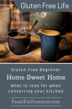 Pinterest mini image - Gluten free beginner home sweet home, what to look for when coverting your kitchen to gluten free with a cozy table with steaming hot coffee and a small jug of cream