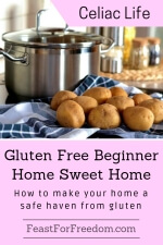 Pinterest mini image - Gluten free beginner home sweet home, how to make your home a safe haven from gluten with a shiny pot next to a fresh pile of clean potatoes with their skins on, on a kitchen towel