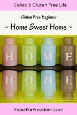 Pinterest mini image - Gluten free beginner home sweet home, with 4 colored containers laid out to spell HOME