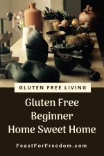 Pinterest mini image - Gluten free beginner home sweet home with a table full of antique kitchen tools and supplies