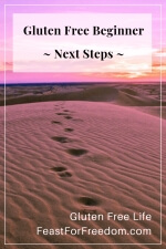 Pinterest mini image - Gluten free beginner next steps with footprints in the sand against a pink sky