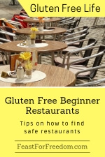 Pinterest mini image - Gluten free beginner, restaurants, tips on how to find safe restaurants with a row of round tables on a stone patio