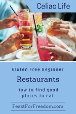 Pinterest mini image - Gluten free beginner, restaurants, how to find good places to eat with a group of people clinking their drink glasses together