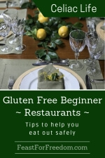 Pinterest mini image - Gluten free beginner, restaurants, tips to help you eat out safely with a fancy dinner table setting with a lemon and greenery centerpiece