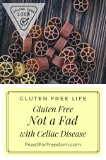 Pinterest mini image - Gluten free not a fad with Celiac disease with a variety of different colored wheel pastas