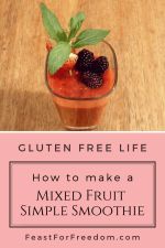 Pinterest mini image - Fruit smoothie made with blackberries, strawberries and peaches, in a glass, garnished with blackberries, strawberries and mint