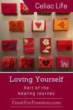 Pinterest mini image - Unconditional self love, part of the healing journey with a wall of little wrapped boxes
