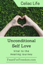 Pinterest mini image - Unconditional self love, vital to the healing journey with with hands shaped into a heart against a background of grass