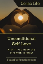 Pinterest mini image - Unconditional self love, with it you have the strength to grow with a silhouette of hands shaped into a heart, framing the sun at sunset
