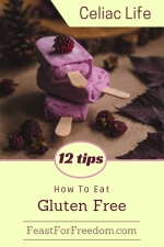 Pinterest mini image - 12 tips, how to eat gluten free with frozen fruit popsicles displayed with fresh berries and dark leaves