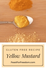 Pinterest mini image - Yellow mustard on a spoon next to small piles of turmeric and mustard powder