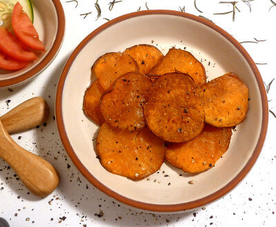 Baked sweet potato chips on a plate
