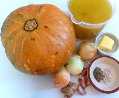 Ingredients for the squash soup recipe - squash, butter, onions, chicken stock, ginger, garlic, salt and pepper.