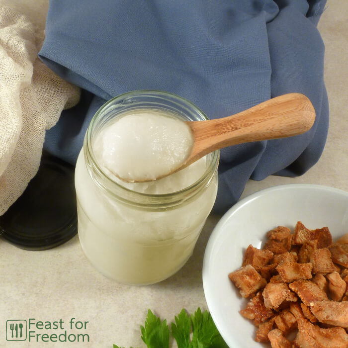 Homemade lard and a small bowl of cracklins