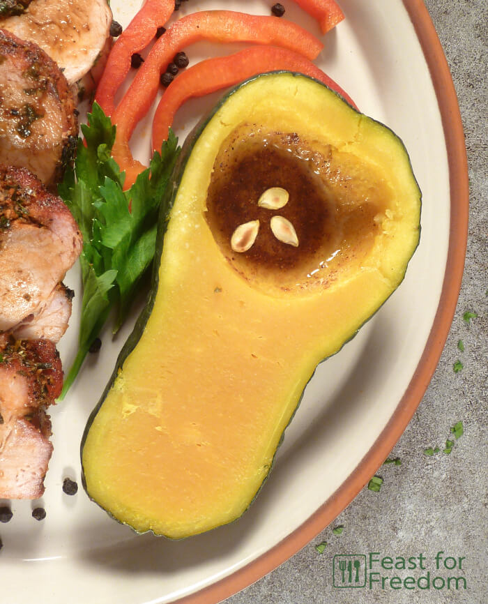 Roasted squash garnished with toasted squash seeds